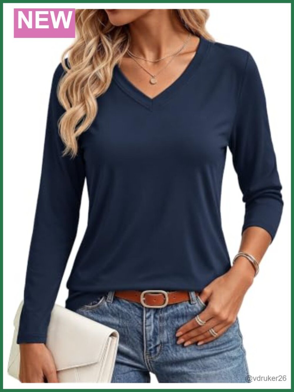 Women's Long Sleeve V-Neck Cotton Blend Loose Fit Basic Tee